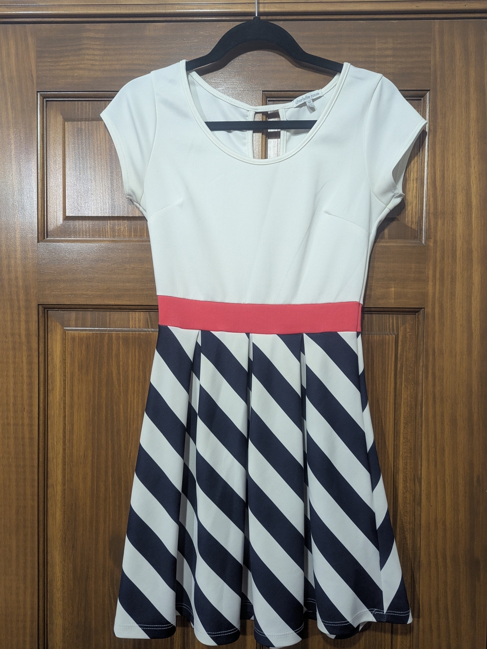 White & Navy Striped Fit-and-Flare Dress with Pink Waistband